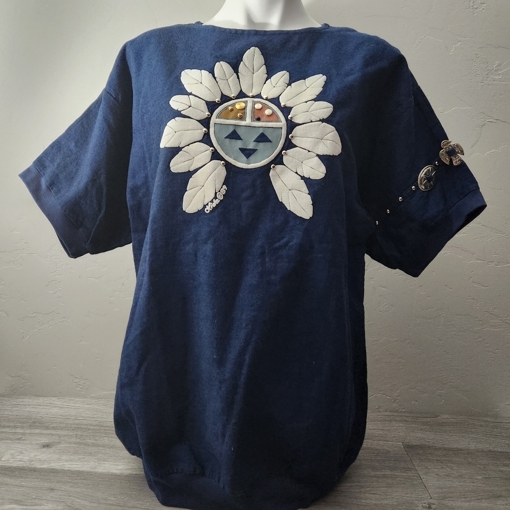Vintage Lida Souers Blue‎ Top L Native American Embellished Feather Aztec 80's